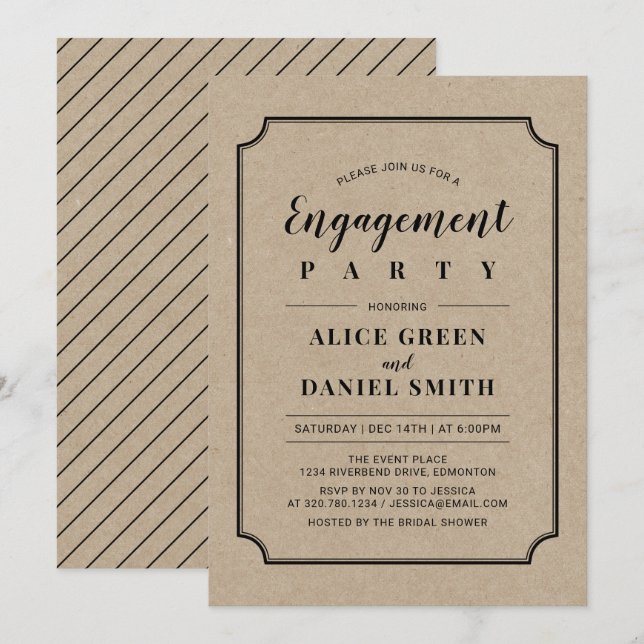 Black & Kraft | Classic Wedding Engagement Party Invitation (Front/Back)