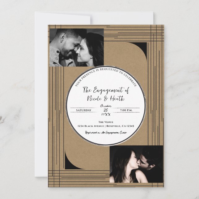 Black Kraft Minimal Modern Lines Engagement  Invitation (Front)
