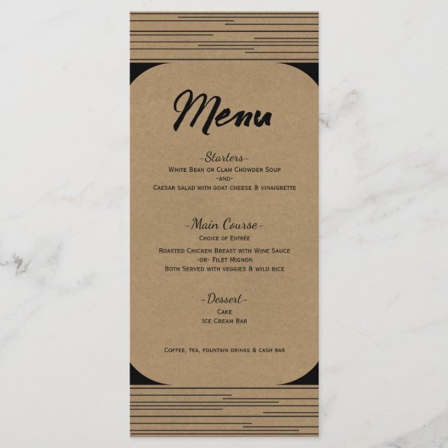 Black Kraft Minimal Modern Lines Wedding Menu (Front)