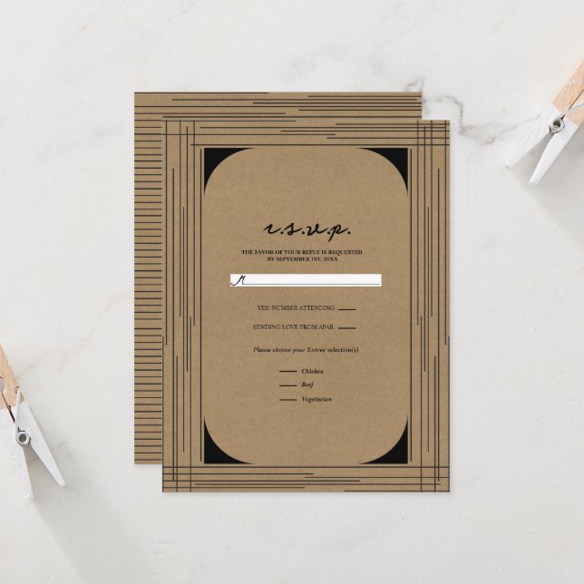 Black Kraft Minimal Modern Lines Wedding RSVP Invitation (Front/Back In Situ)