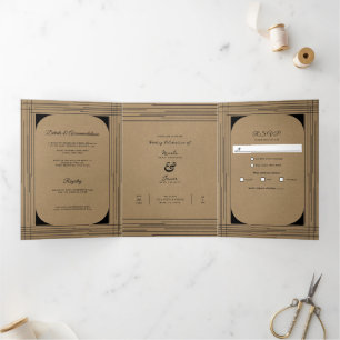 Black Kraft Minimal Modern Lines Wedding Tri-Fold Invitation