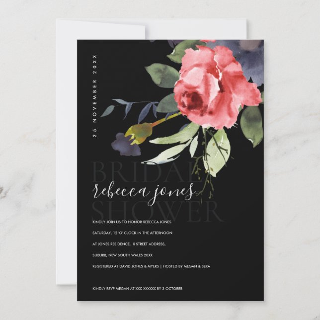 BLACK KRAFT RED ROSES BUNCH FLORAL BRIDAL SHOWER ANNOUNCEMENT (Front)