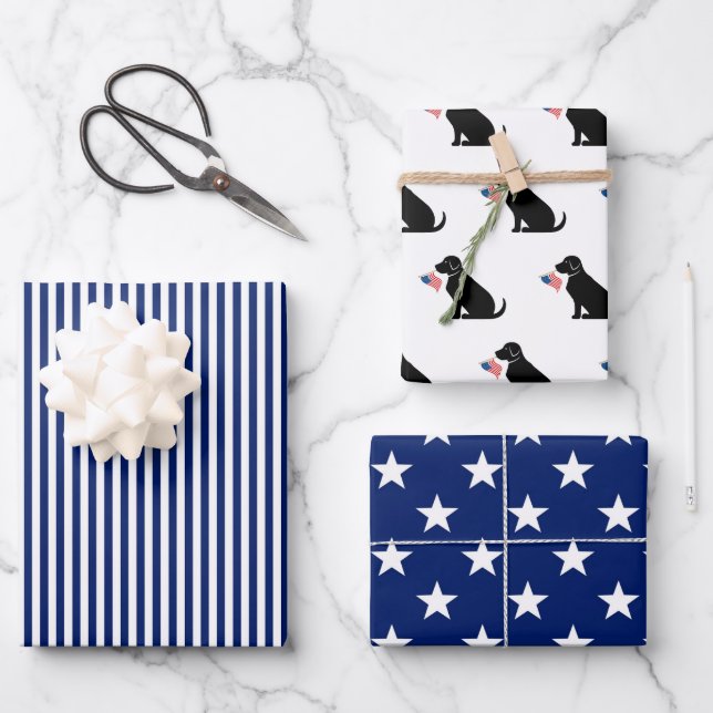 Black Lab American Flag USA Preppy Pet Dog Fun Wrapping Paper Sheet (Front)