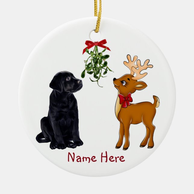 Black Lab and Reindeer Christmas Ornament (Front)