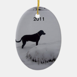 black lab and snow ornament