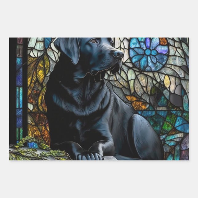 Black Lab Animals Pets Stained Glass Wrapping Pape Wrapping Paper Sheet (Front)