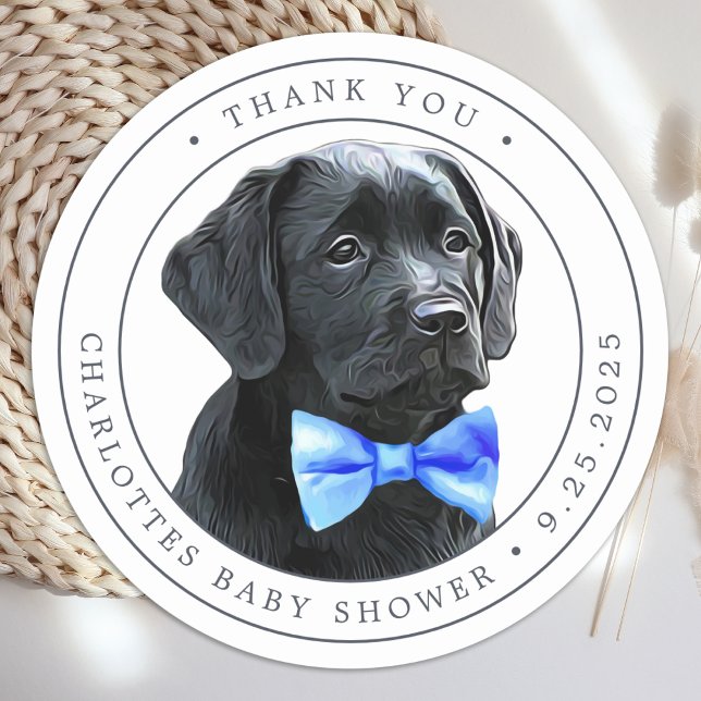 Black Lab Blue Boy Baby Shower Thank You Classic Round Sticker (Creator Uploaded)