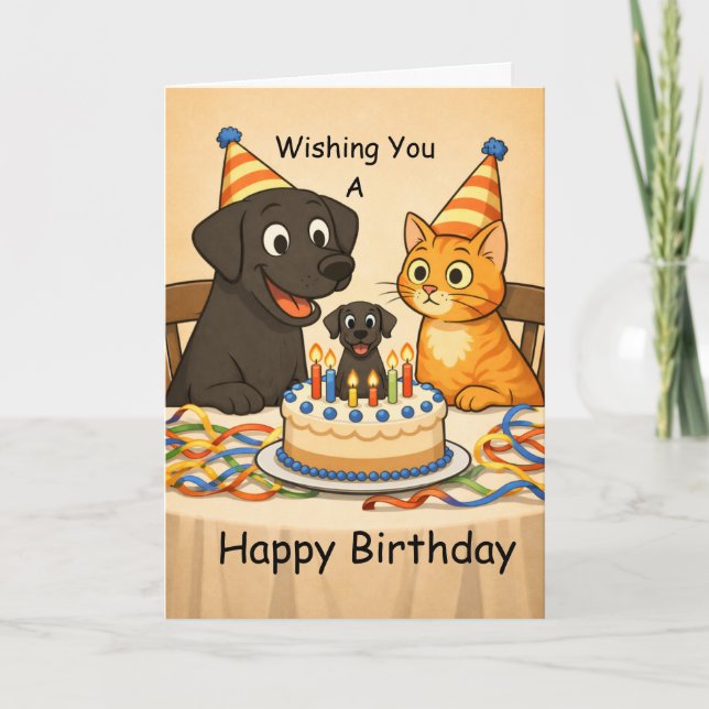 Black Lab & Cat Birthday Card – Happy Birthday (Front)