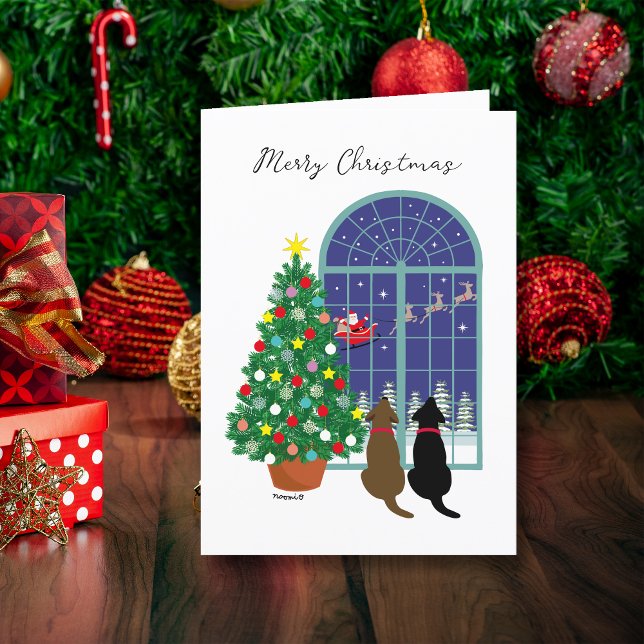 Black Lab, Chocolate Lab Magical Night Christmas  Holiday Card (Black Lab, Chocolate Lab magical night Christmas Cards for Labrador Owners.  Santa Claus in the sky.)