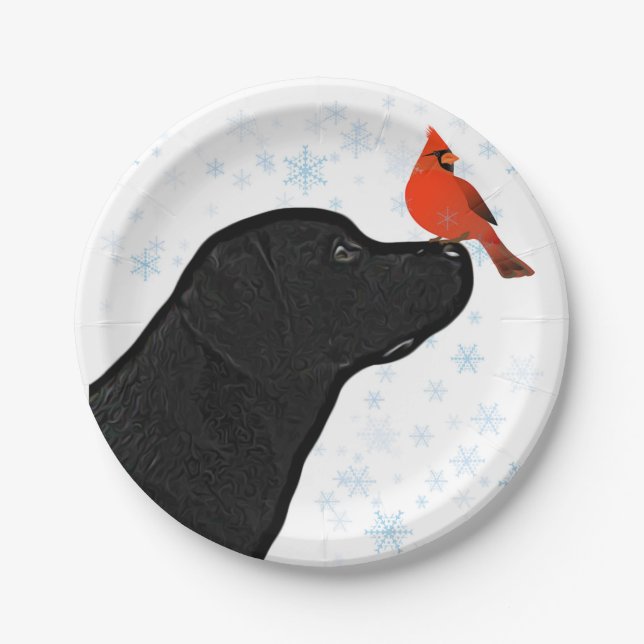 Black Lab Christmas Cardinal - Cute Labrador Dog Paper Plate (Front)