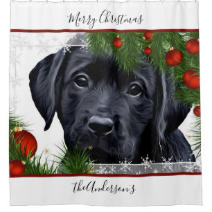 Black Lab Christmas - Personalised Puppy Labrador Shower Curtain