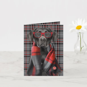 Black Lab Dog and Red Grey Plaid Monogrammed Card