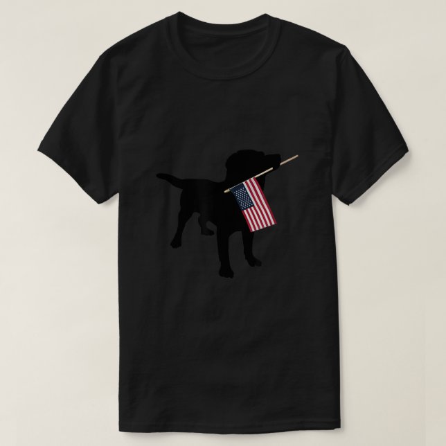 Black Lab Dog Holding July 4th Patriotic USA Flag  T-Shirt (Design Front)