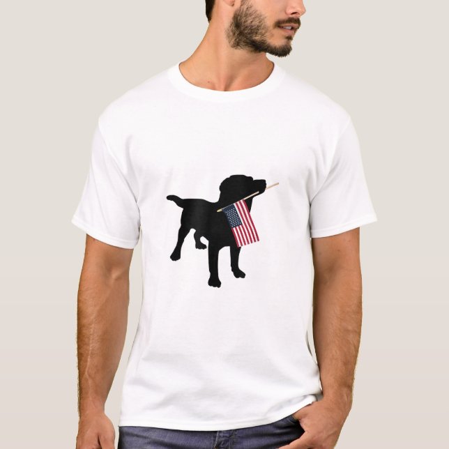 Black Lab Dog Holding July 4th Patriotic USA Flag  T-Shirt (Front)