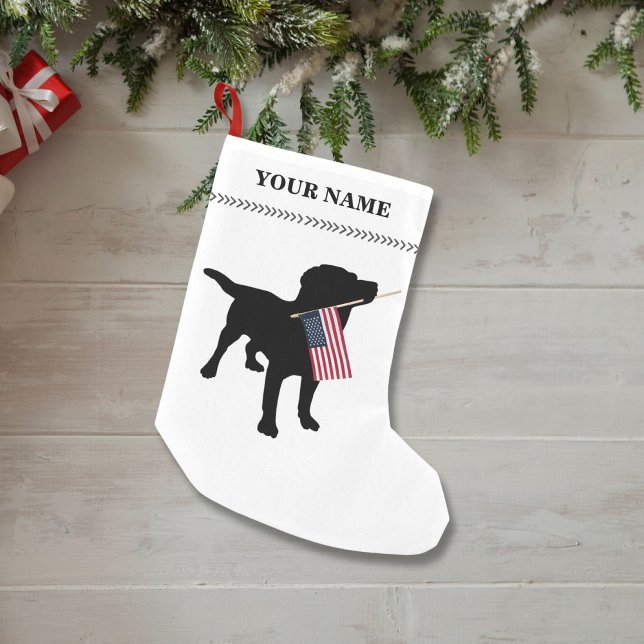 Black Lab Dog holding USA American Flag Christmas Small Christmas Stocking (Creator Uploaded)