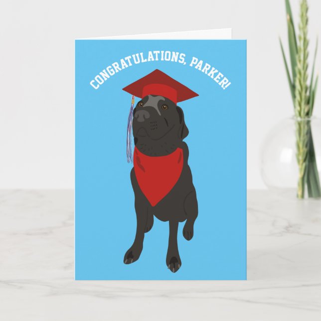 Black Lab Dog in a Red Graduation Cap Custom Card (Front)