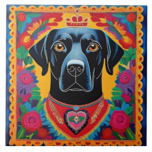 Black Lab Dog Mexican Folk Art Frida Style Tile
