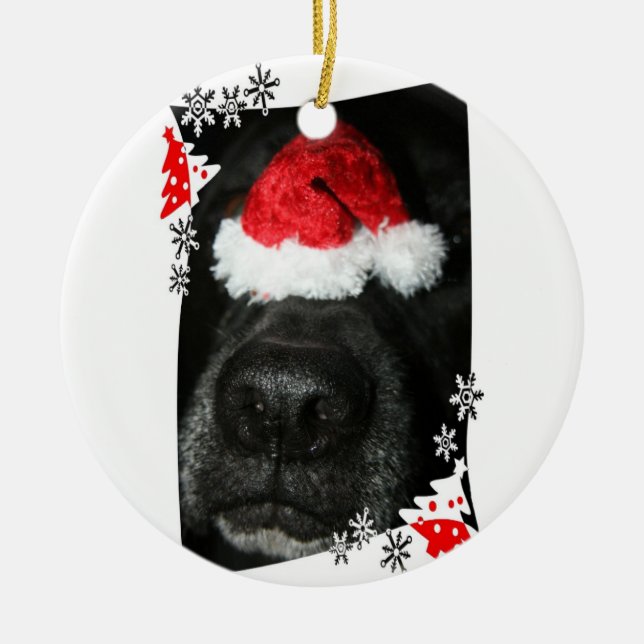 Black lab dog nose with santa hat photograph ceramic tree decoration (Front)