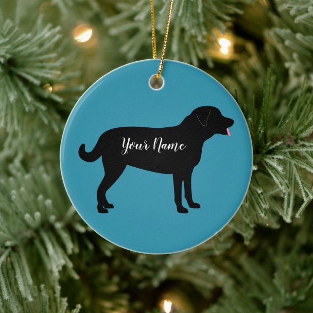 Black Lab Dog Silhouette Personalised Name  Ceramic Ornament (Tree)
