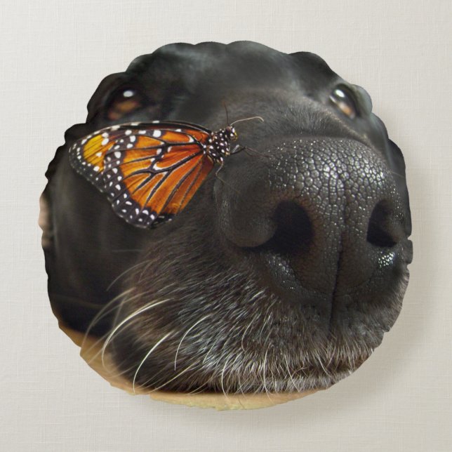 BLack Lab Dog With Butterfly Round Cushion (Front)