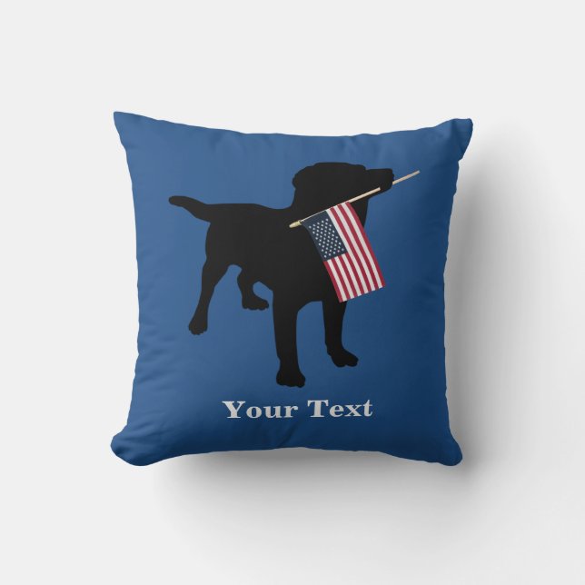 Black Lab Dog with USA American Flag, 4th of July Cushion (Front)