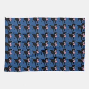 Black Lab Dog with USA American Flag, 4th of July Tea Towel