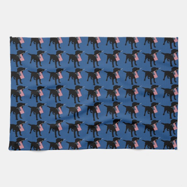 Black Lab Dog with USA American Flag, 4th of July Tea Towel (Horizontal)