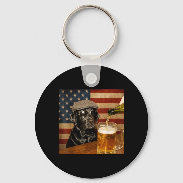 Black Lab Drinking Beer Funny Dog Gles With Hat Key Ring (Front)