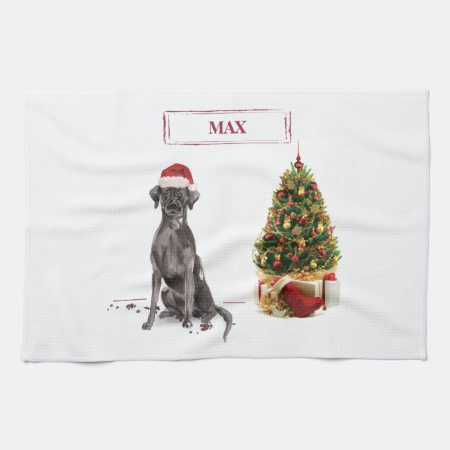 Black Lab Funny Christmas Dog and Tree Tea Towel (Horizontal)