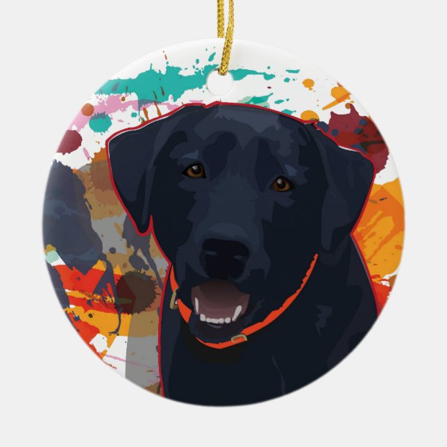 Black Lab Graphic Portrait with splattered paint Ceramic Ornament (Front)