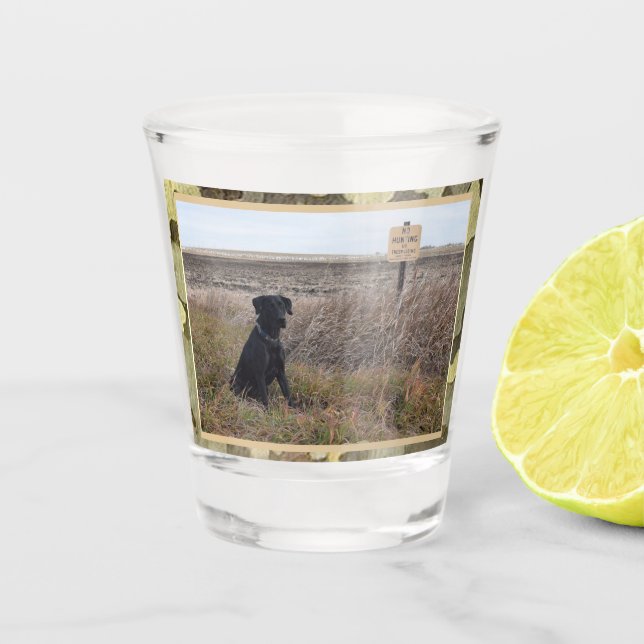 Black Lab Hunting Dog With  Camo Trim Shot Glass (Front)