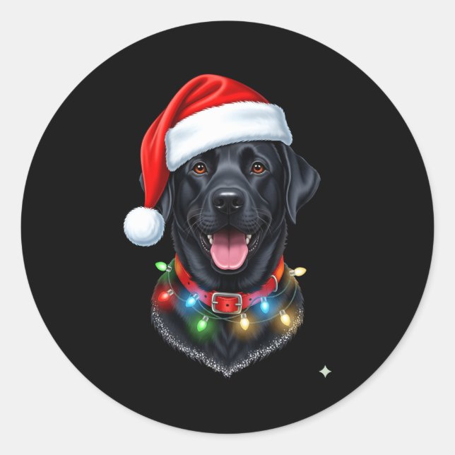 Black Lab Labrador Christmas Dog Santa Hat Light P Classic Round Sticker (Front)