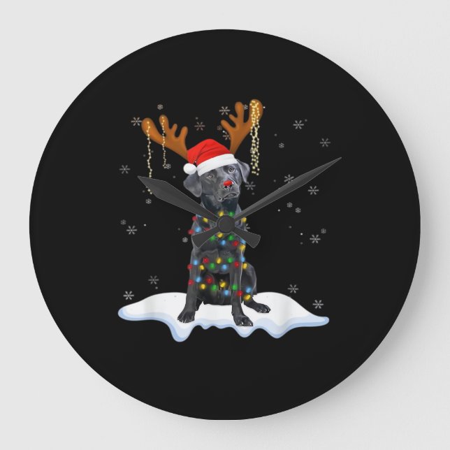 Black Lab Labrador Christmas Tree Light Pajama Dog Large Clock (Front)