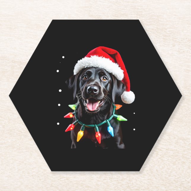 Black Lab Labrador Christmas Tree Light Pajama Dog Paper Coaster (Front)