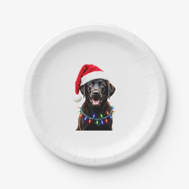 Black Lab Labrador Christmas Tree Light Pajama Dog Paper Plate (Front)