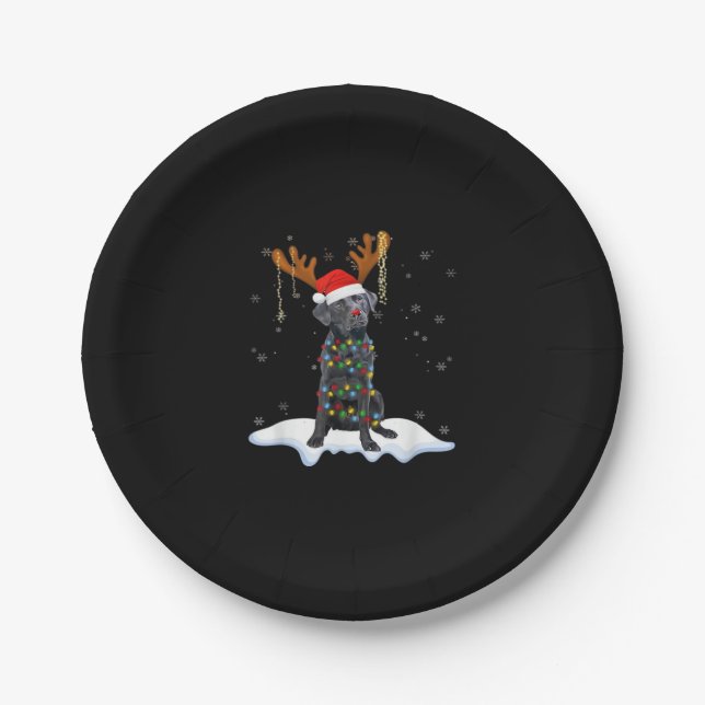 Black Lab Labrador Christmas Tree Light Pajama Dog Paper Plate (Front)