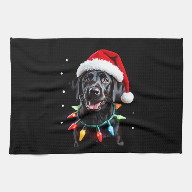Black Lab Labrador Christmas Tree Light Pajama Dog Tea Towel (Horizontal)