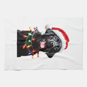 Black Lab Labrador Christmas Tree Light Pajama Dog Tea Towel