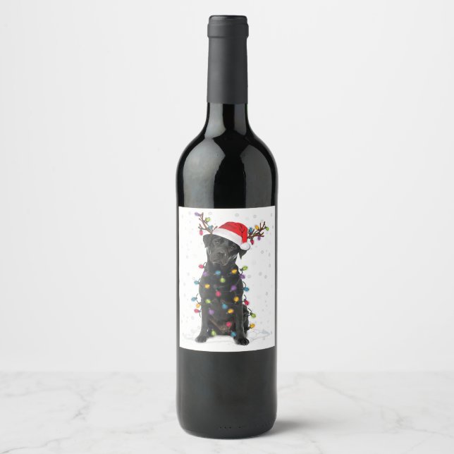 Black Lab Labrador Christmas Tree Light Pajama Dog Wine Label (Front)