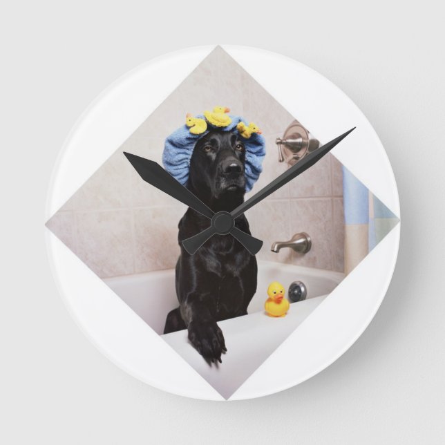 Black Lab Labrador Dog Funny Bath Time Round Clock (Front)