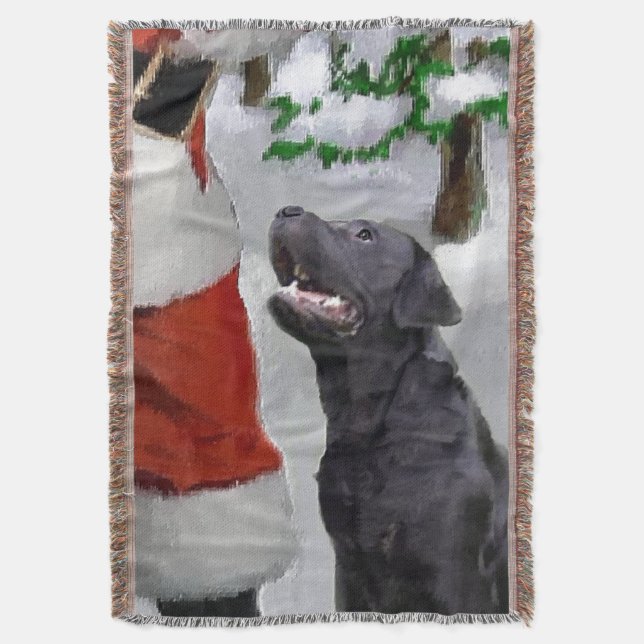 Black Lab Meets Santa Christmas Throw Blanket (Front Vertical)