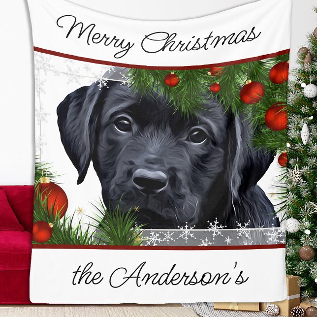 Black Lab Merry Christmas Puppy Labrador Fleece Blanket (Creator Uploaded)