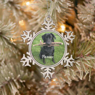 Black Lab Personalised Dog Photo and Dog Name Snowflake Pewter Christmas Ornament