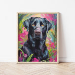 Black Lab Portrait Modern Art Poster<br><div class="desc">A striking modern art portrait of a black lab set against an abstract pink and green floral garden background. The dog’s dark silhouette contrasts beautifully with the vibrant, swirling colours of the garden, blending nature and animal in an expressive, contemporary style. The abstract brushstrokes create a sense of movement and...</div>
