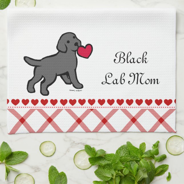 Black Lab Puppy and Red Heart Tea Towel (Folded)