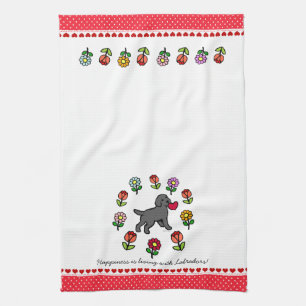 Black Lab Puppy and Red Heart Tea Towel