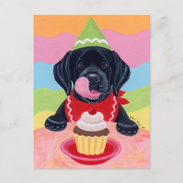 Black Lab Puppy Birthday Cupcake Painting Postcard (Front)