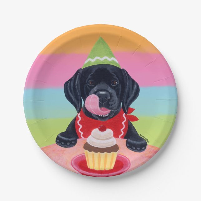 Black Lab Puppy Birthday Cupcake Paper Plates (Front)