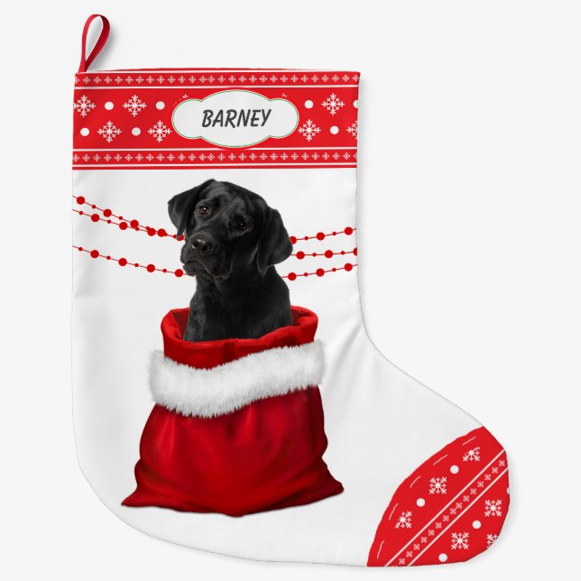 Black Lab Puppy Dog Snowflake Border Large Christmas Stocking (Front)