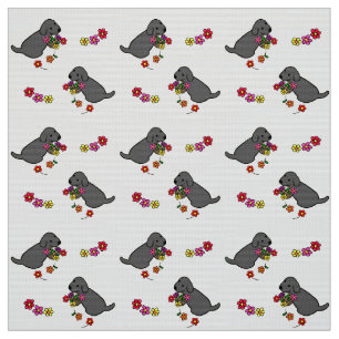 Black Lab Puppy Flower Basket Cartoon Fabric